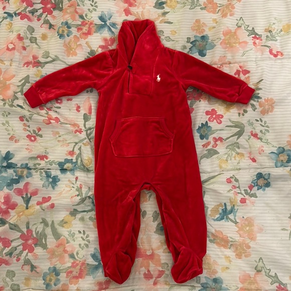 Ralph Lauren Other - Ralph Lauren RED Velvety Velour Romper w/feet, button and front pocket. 6 months